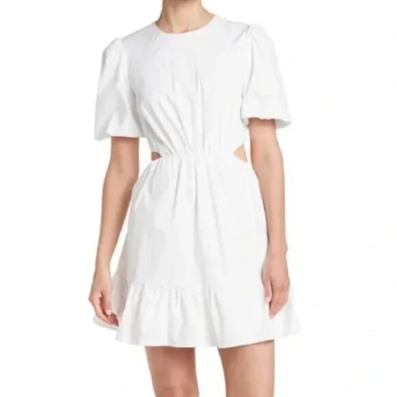 White WAYF Puff Sleeve Cotton Cut-out Mini Dress, M - Picture 1 of 9
